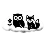 Das Logo der deutschsprachigen Pop-Rock-Band Wolken Kino zeigt einen Fuchs, eine Eule und eine Blume, die zusammen auf einer Wolke sitzen. Das Logo ist handgezeichnet und ist in einem monochromen schwarz-weißen Farbschema gehalten.